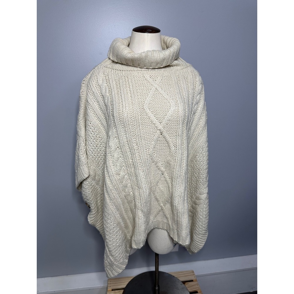 Bass Maine USA Cream Cable Knit Turtleneck Poncho Sweater Draped One Size
